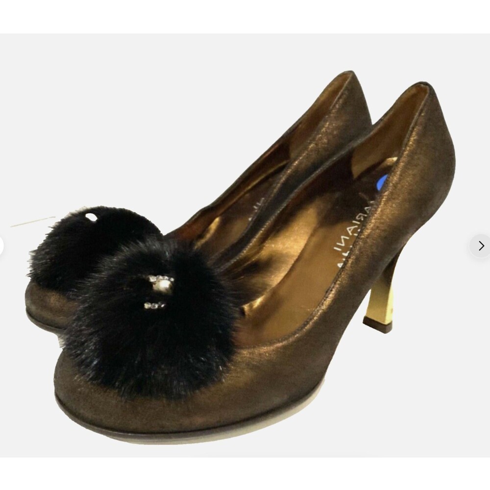 Mariani Studio Bronze Metallic Pumps Womens 7.5 Mink Fur Pom Crystal Heels Shoes